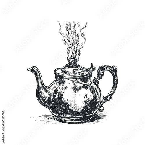 Vintage Teapot Emitting Swirling Steam in Sketch Style