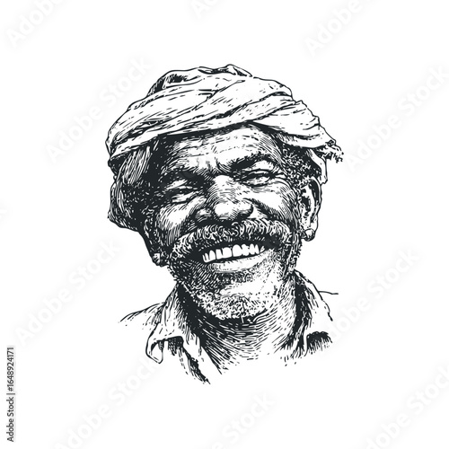 Elderly Indian Man with Turban and Grateful Smile in Black and White
