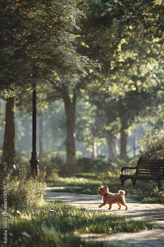 Naklejka premium Adventurous Canine Frolicking Joyfully in Sunlit Park: Capture the Playful Spirit of a Dog Relishing the Outdoors Amidst Lush Greenery and a Refreshing Breeze