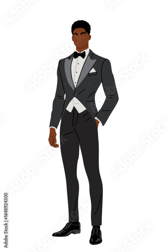 Flat vector illustration of an elegant young African American man in a black tuxedo and bow tie, standing full length in a confident pose, isolated on transparent background
