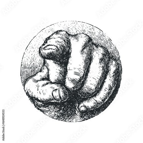 Hand pointing directly at viewer in vintage style black and white engraving
