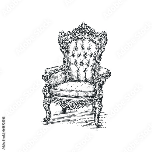 Intricately carved antique armchair with upholstered seat and tufted back