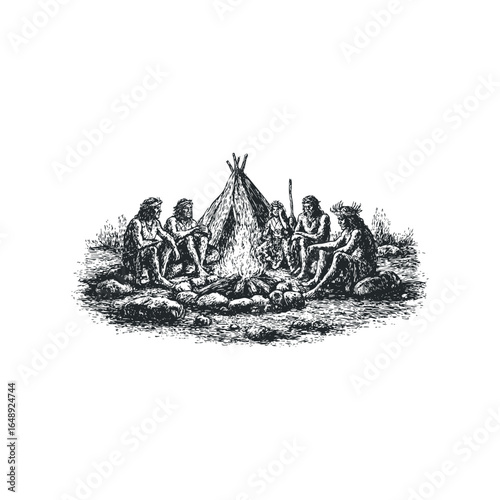 Tribal gathering around a campfire near a primitive dwelling