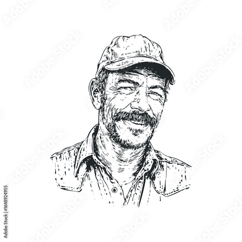 Man with mustache and baseball cap, sketched portrait