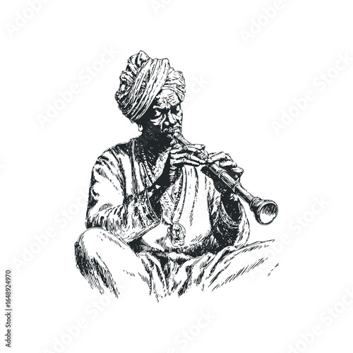 Elderly Indian man playing a woodwind instrument while seated in traditional attire