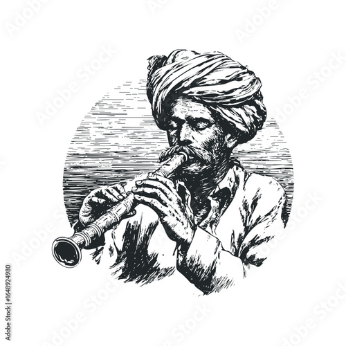 Sketch of Indian man playing a wind instrument in traditional attire