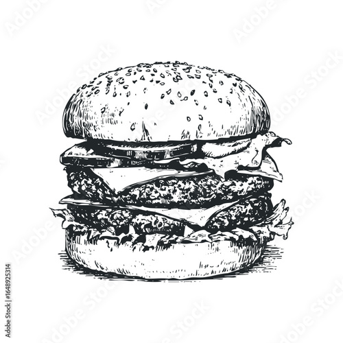 Hand Drawn Sketch of a Double Patty Cheeseburger with Lettuce and Pickles