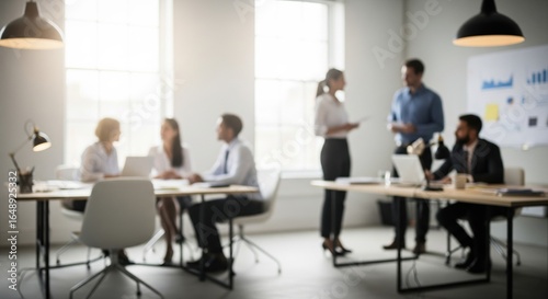 Blurred office workspace, interior workplace with cityscape for business presentation background