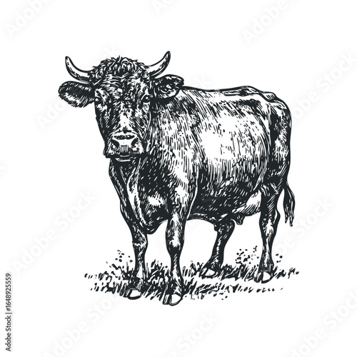 Black and white sketch of a cow standing in a grassy field