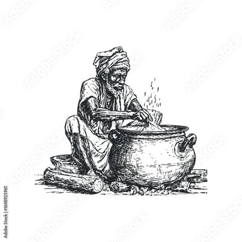 Man preparing food in a large pot with ingredients
