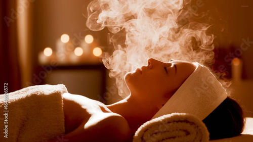 A serene woman with her eyes closed, receiving a rejuvenating facial steam treatment in a peaceful and relaxing spa environment