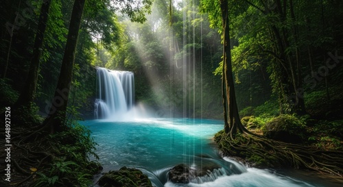 Lush waterfall cascading into a turquoise pool, bathed in sunlight