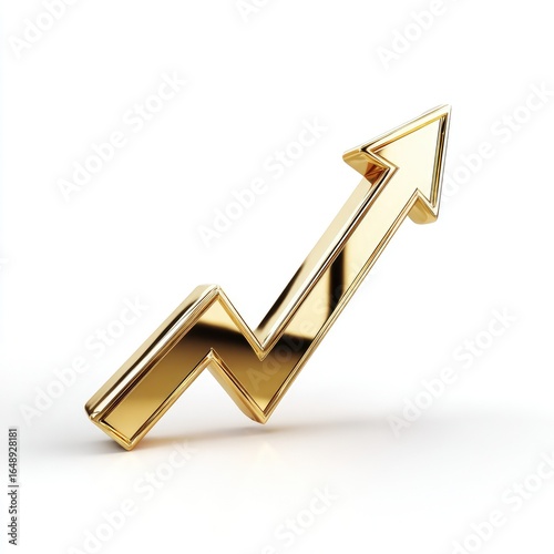A golden, upward-trending, zig-zag arrow, glossy and reflective, on a plain white background