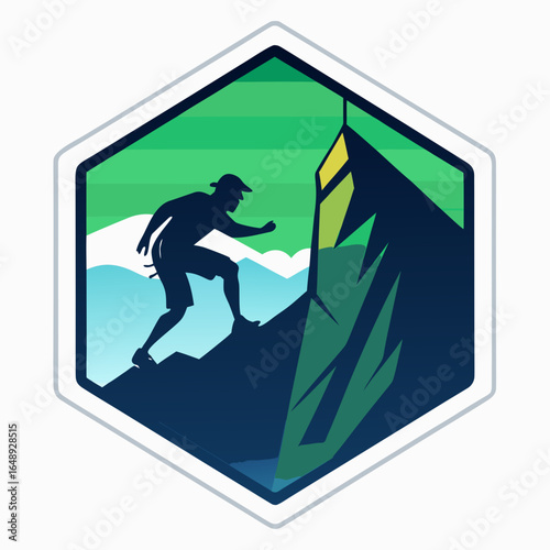 The logo emblem features the silhouette of a climber on the peak of a steep cliff.