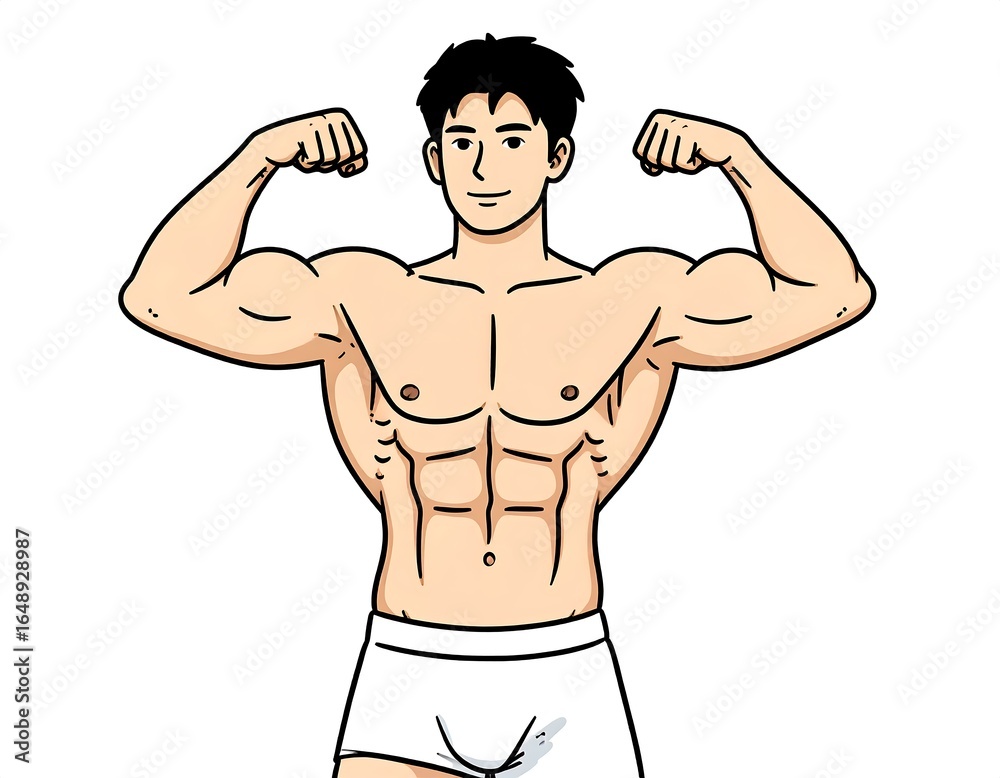Fototapeta premium Cartoon illustration of a muscular man flexing