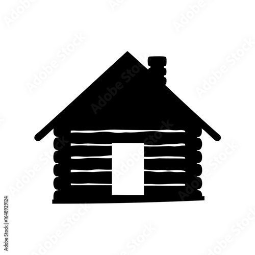 A charming black silhouette of a log cabin with a prominent chimney