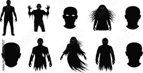 Ghostly silhouettes, haunted figures, eerie spirits, supernatural entities, Halloween horror, creepy shadows, glowing eyes, spectral forms, spooky apparitions, dark mystery