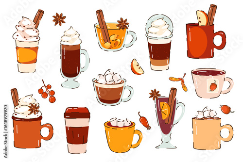 Collection of autumn, winter hot drinks. Pumpkin latte, hot chocolate, coffee with cream, tea with sea buckthorn, cocoa with marshmallow. Vector illustration.