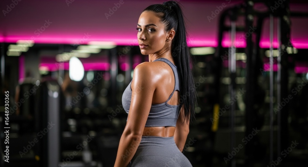 Fototapeta premium Fit Woman Posing in Gym, Showing Strong Physique and Healthy Lifestyle