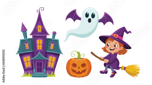 Whimsical Halloween Cartoon Illustration Featuring Haunted House Ghost Pumpkin and Witch Flying on Broomstick Creating a Spooky Yet Cheerful Scene Perfect for Childrens Content