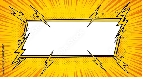 Comic Book Style Blank Rectangle Frame with Lightning Bolts.