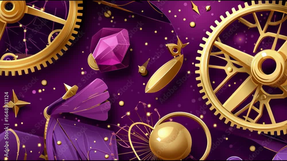 Una composición colorida presenta engranajes dorados, piedras preciosas y plumas, todo sobre un fondo púrpura que resalta la estética creativa y llamativa de este diseño.