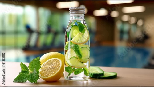 Preparación de una refrescante bebida de agua con limón y pepino, ideal para mantenerse hidratado y saludable después de hacer ejercicio en el gimnasio.
