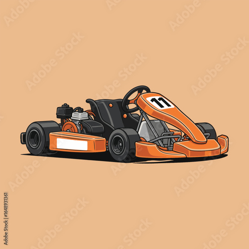Illustration of an orange and black go-kart with the number 11 on the front, set against a light orange background.