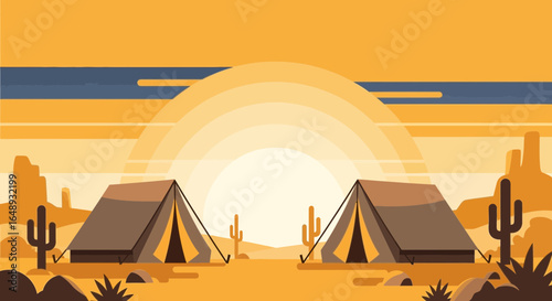 Camping Adventure Under a Desert Sunset With Tents and Cacti