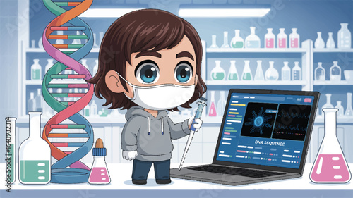 Young Scientist Analyzing DNA Sequences on Laptop in Laboratory Setting Cartoon Style with Medical Face Mask and Glassware Research Background and Cartoon Character