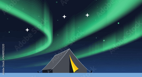 Camping Adventure Under The Northern Lights In Serene Nature Illustration