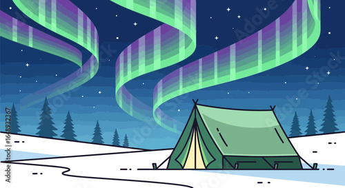 Camping Adventure Under The Magical Northern Lights In A Snowy Landscape