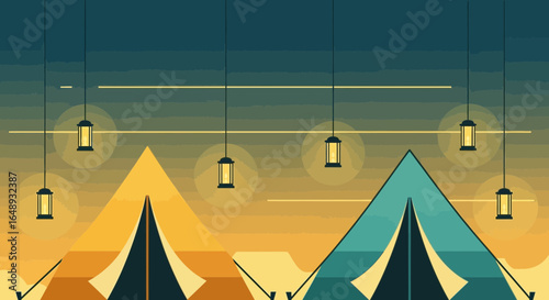 Camping adventure under the stars, illuminated by lantern lights, creating a peaceful outdoor scene in nature setting