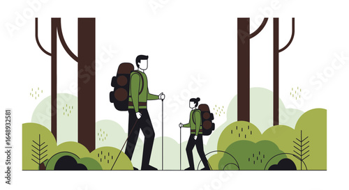 Cartoon illustration of father and daughter hiking with backpacks in the forest scenery with tall trees and green bushes