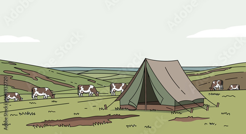 Camping amidst grazing cows, a peaceful countryside scene with tent and landscape