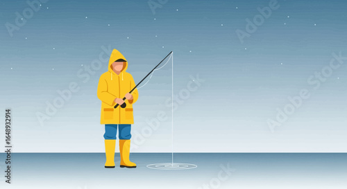 Cartoon Man Enjoying Ice Fishing With Yellow Raincoat On Snowy Day