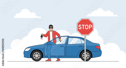 Cartoon Man Next to His Car holding the keys next to a Stop Sign