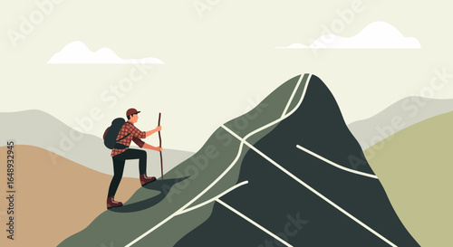 Cartoon Man Hiking Up Mountain Vector Illustration Achievement Journey