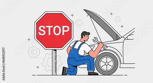 Cartoon Mechanic Repairing A Car With Stop Sign Showing Roadside Assistance