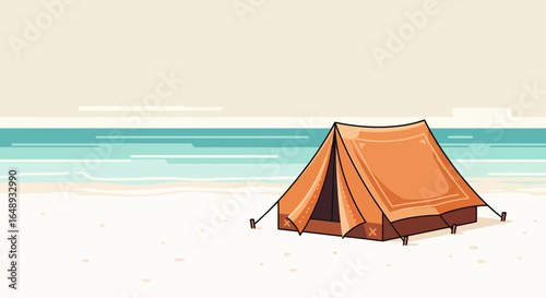 Camping Holiday By The Sea Simple Tent On The Sandy Beach Landscape