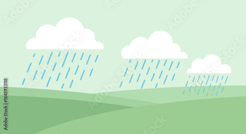 Cartoon Raining Clouds Over Green Hills Landscape Background Weather Forecast