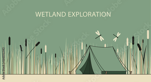 Camping in a Wetland Environment with Dragonflies and Cattails Vector Illustration