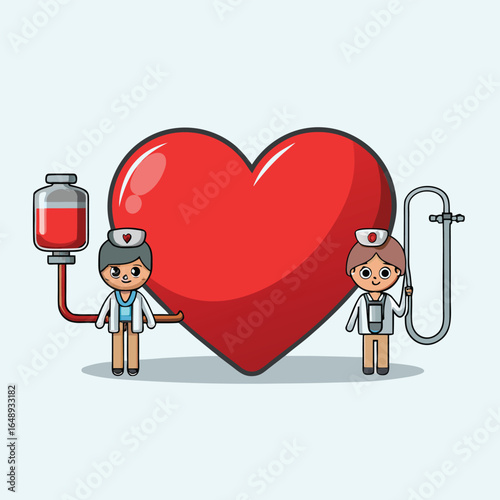 Cartoon nurses with blood bag and heart symbol blood donation healthcare