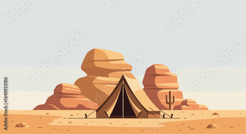 Camping In Arid Desert Landscape Under Clear Sky With Sandstone Formations