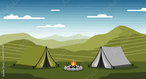 Camping in the great outdoors under a blue sky with tents and a campfire amidst nature mountains