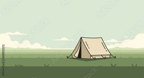 Cartoon Tent Under Cloudy Sky In A Tranquil Minimalist Landscape Outdoor Life