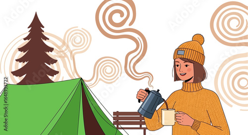 Camping Morning Enjoying Hot Coffee Near Tent During Outdoor Adventure
