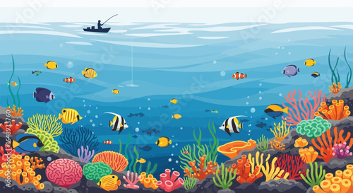 Cartoon Underwater World With Coral Reef Colorful Fishes And Fisherman On Boat
