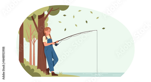 Cartoon Woman Enjoys Relaxing Fishing Moment near the Forest Lake