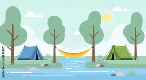 Camping Scenery Featuring Tents, Hammock And River Between The Trees